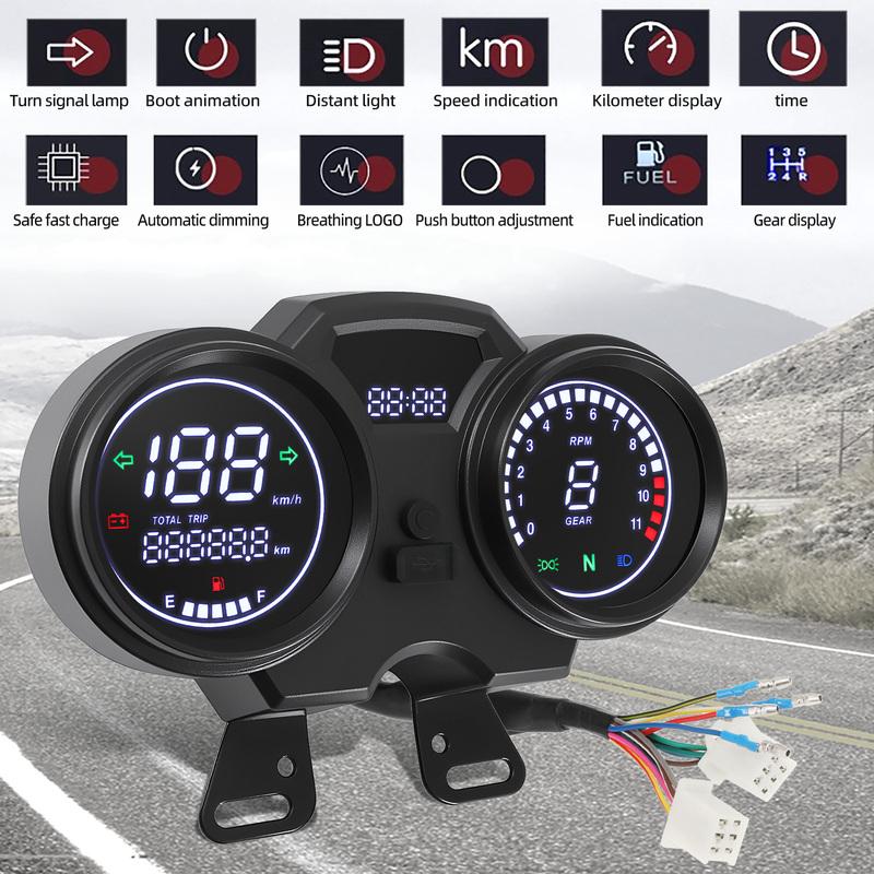 Universal LCD Digital Motorcycle Speedometer Tacho Gauge Motor Speed Gauge Tachometer RPM Meter Fuel Gauge For GN125 12V GAUA