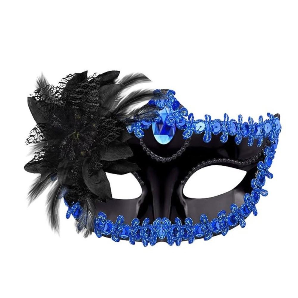 Rhinestone Embedded Masquerade Eye Mask Side Flower Trim Feather Face Veil Stage Performance