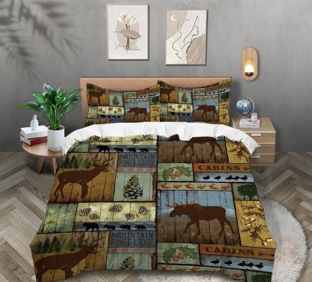 Country Farmhouse Påslakan Queen King Size Djur Vilda Djur Stuga Sängkläder Set Nostalgisk Rumsdekor 3 Delar Med 2 Örngott