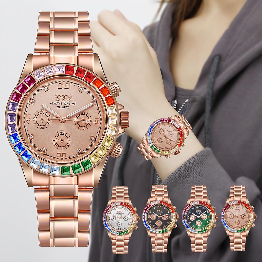 Women's Fashion Rhinestone Steel Band Watch with Alloy Case & Colorful Rhinestones