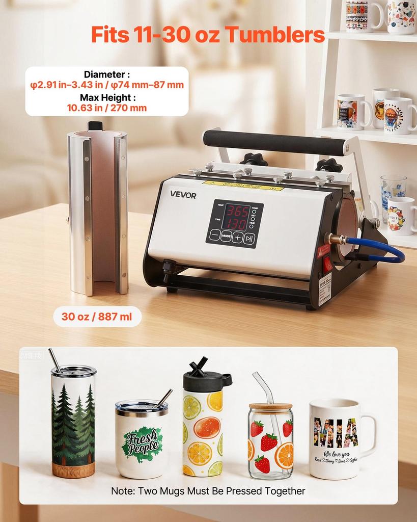 Tumbler Heat Press Machine, Max 887 mL Mug Press, Fast and Even Heating, with Tape and Gloves, Easy Temp and Time Setting, Heat Transfer for