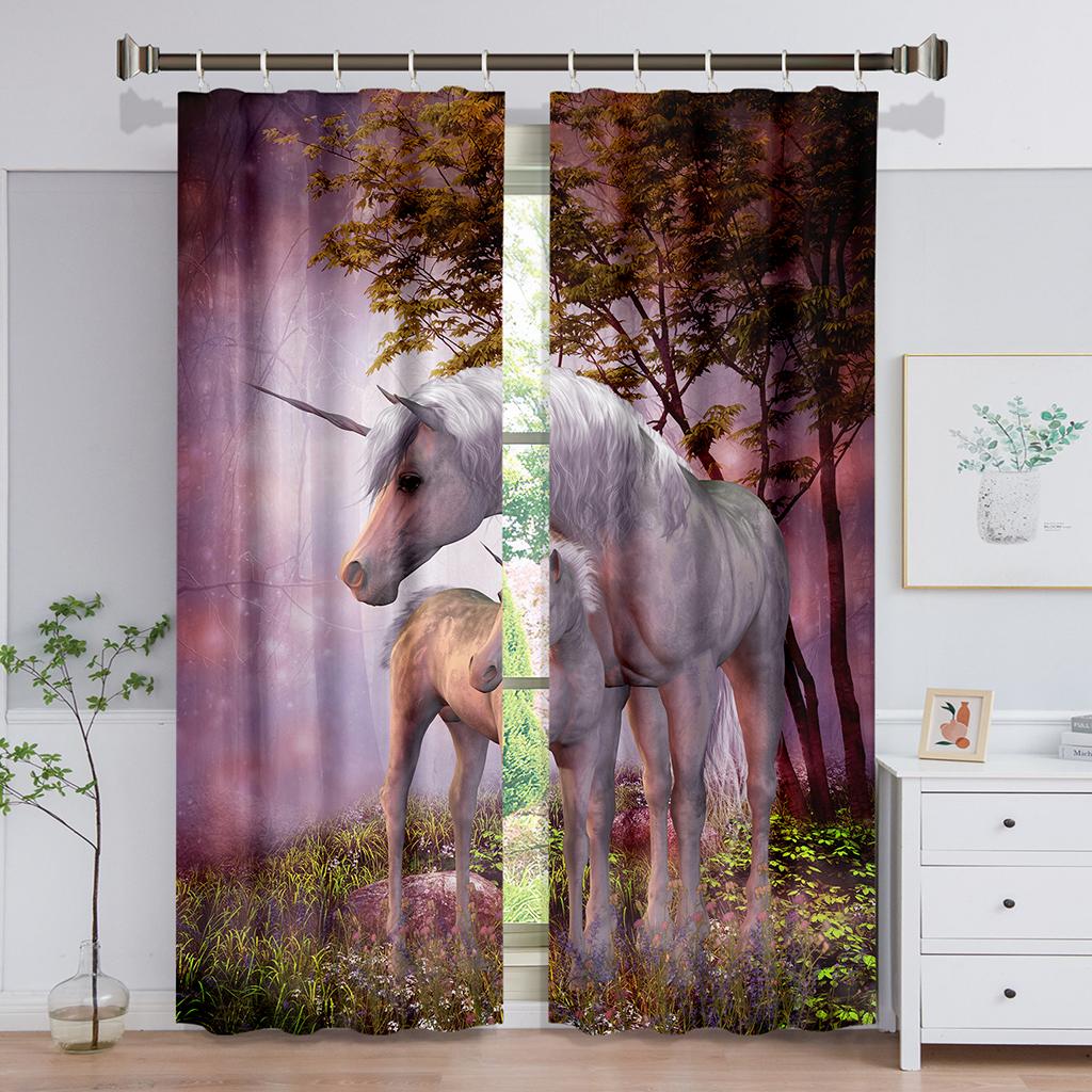Dreamy Colorful Unicorn Angel Horse Thin Window Curtains for Living Room Bedroom Bathroom Kicthen Door Cupboard Home Hooks 2Pcs