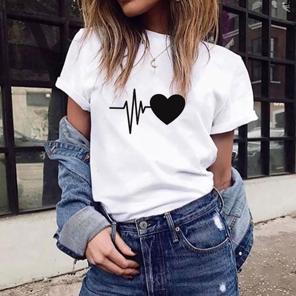 Fashion Women's Loose Short-Sleeved Heart Print T-Shirt Casual O-Neck Top