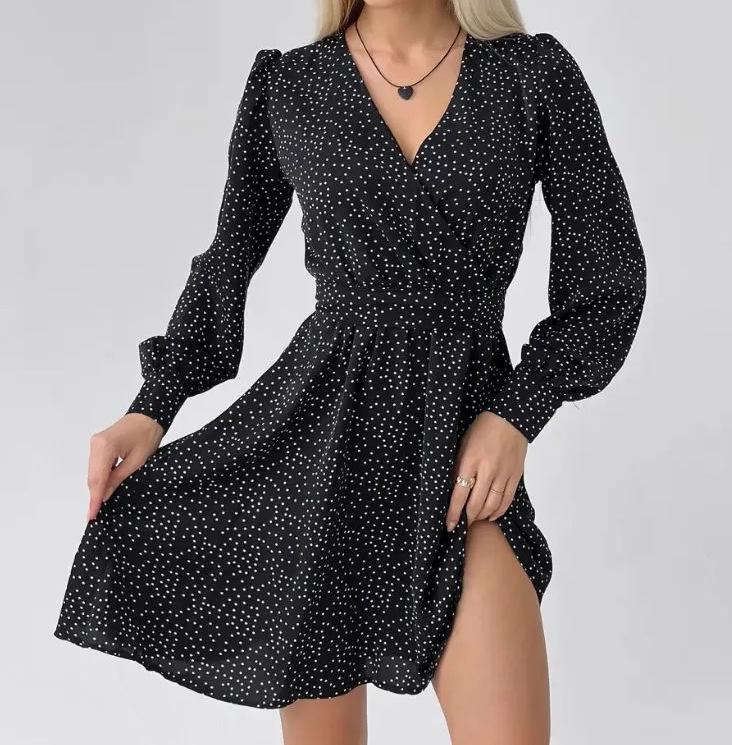 European Chic Black V-Neck Polka Dot Chiffon Dress - Women's Waist-Slimming Short Skirt for Early Autumn