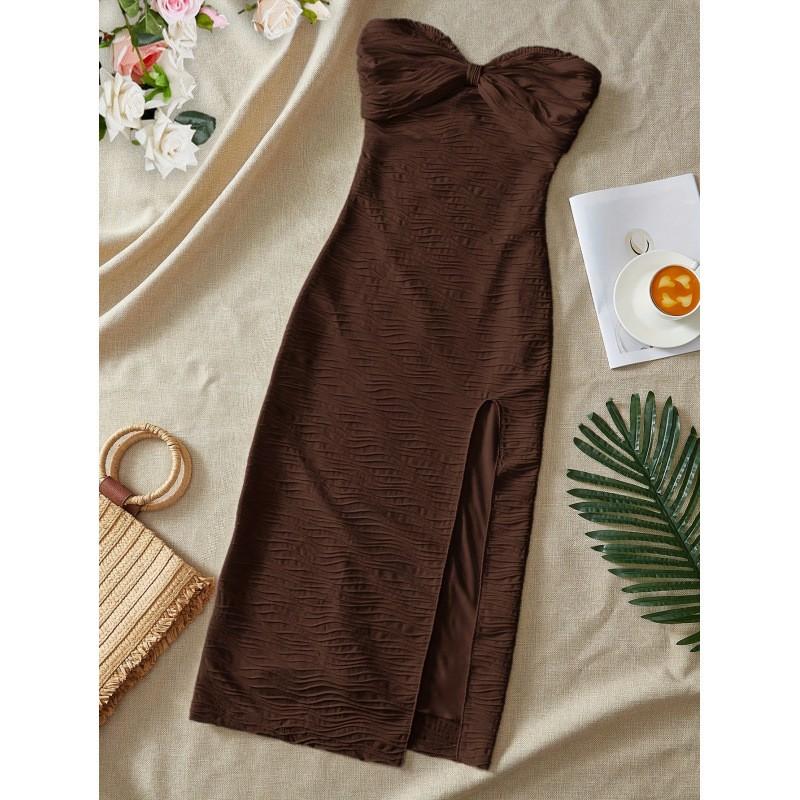 Womens Solid Color Knit Sleeveless Bodycon Dress With Shoulder Cutout Side Slit High Waist Mini Small vercafe