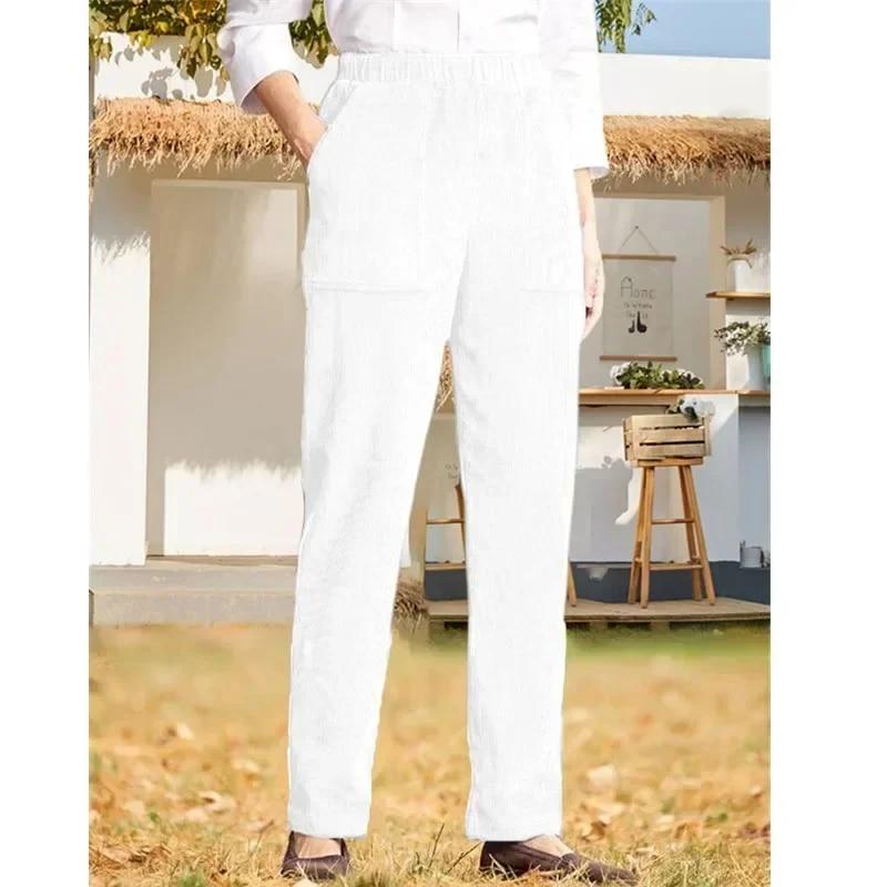 Fashion Straight Corduroy Long Pants Autumn Winter Casual Solid Color Elastic Waist Stripe Trousers Women Loose Fit Warm 30123