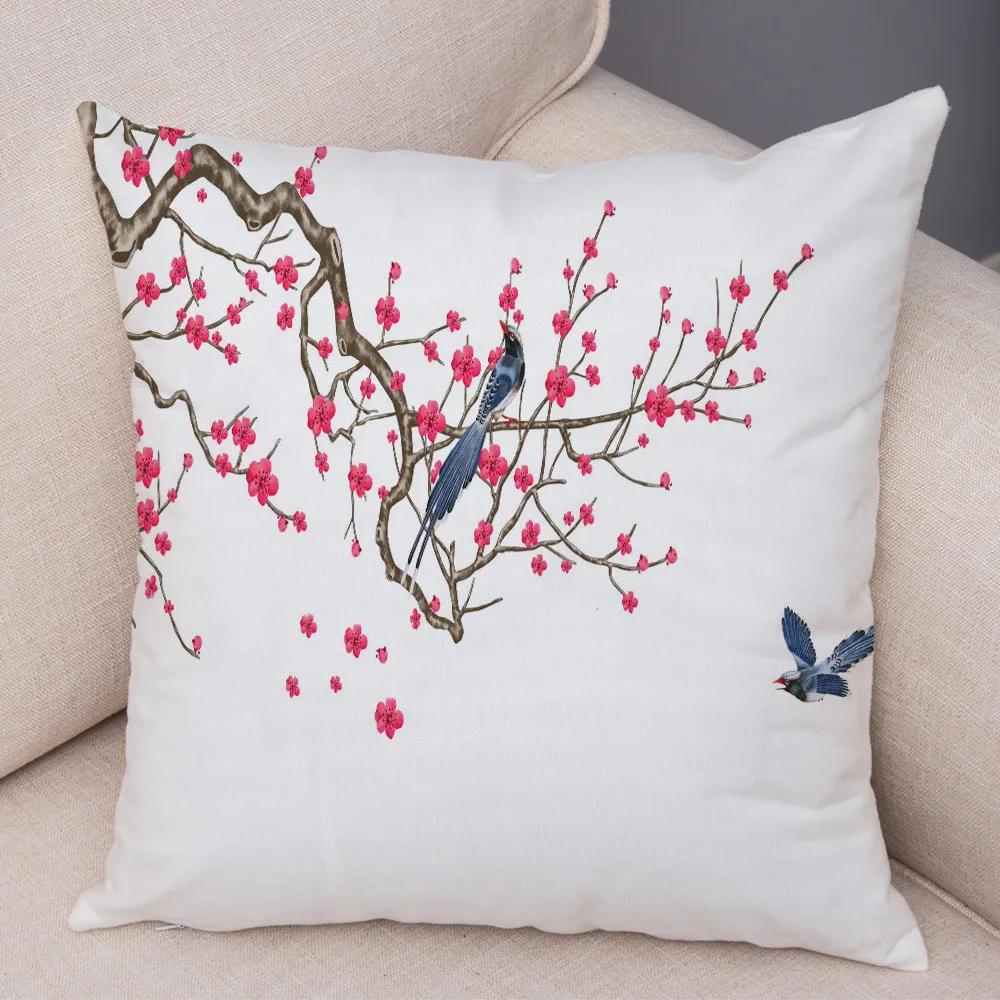 Pink Peach Blossom Cushion Cover Decor Watercolor Cartoon Plant Tree Pillow Case for Sofa Home Car Soft Plush Pillowcase 45x45cm