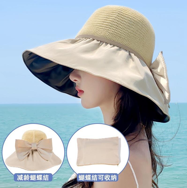 Hat women's summer sunshade sunscreen UV protection bow bucket hat face cover vinyl sun hat can be stored
