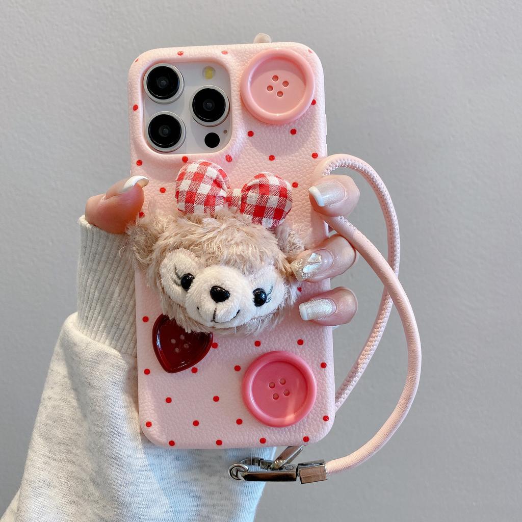 Winter Plush Filipino Button Lanyard Apple 16promax 15pro Fall proof Full Cover 13P Leather Pattern Mobile Phone Case