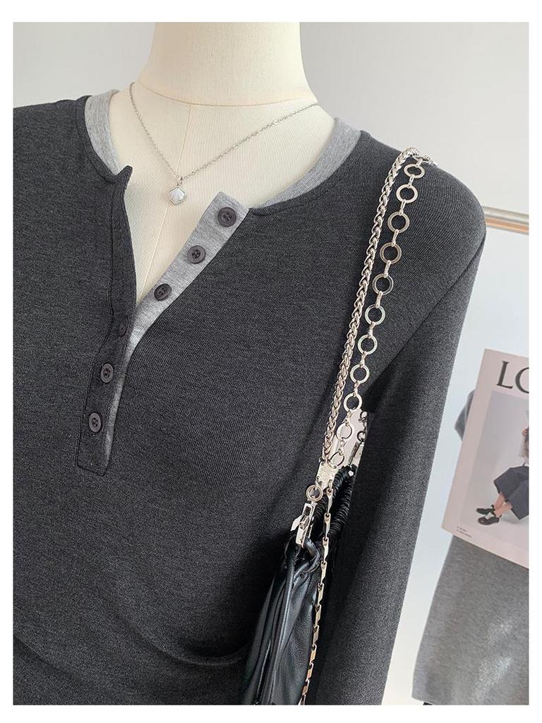 Stylish Contrast Color Faux Two-Piece Long-Sleeve Top for Women