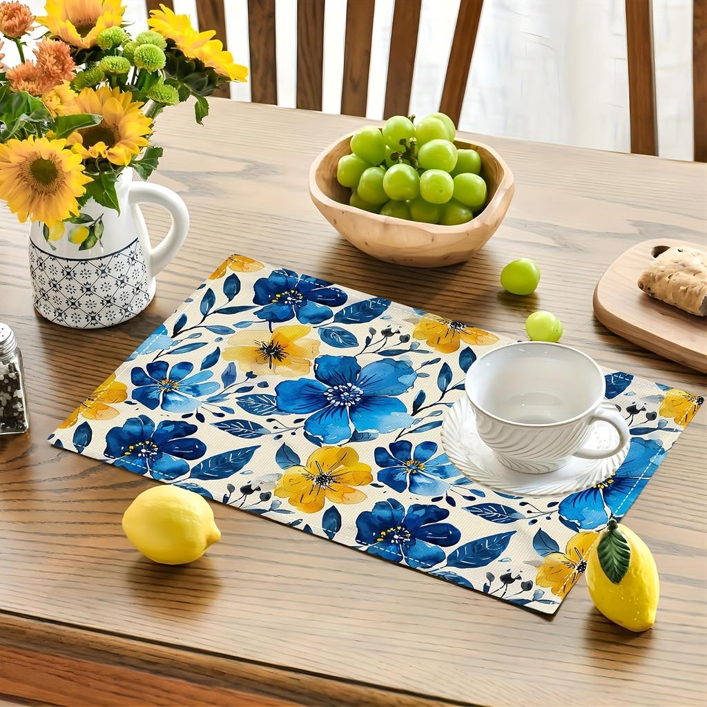 4 Stück Blumen-Tischsets Set aus 4 Blau-Gelben Blumen Aquarell Tischmatten Waschbare Platzmatten für Zuhause Party Küche Außenbereich