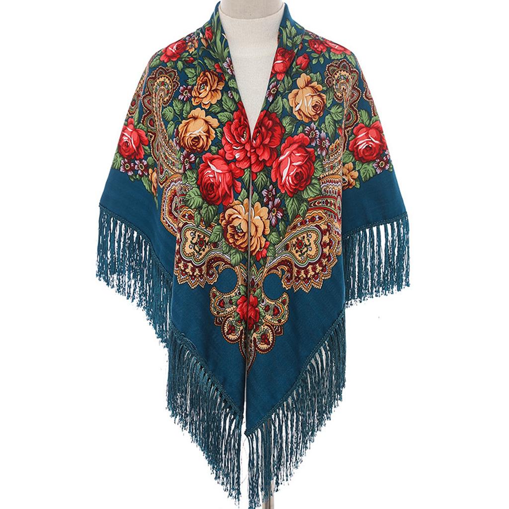 Ethnic Turban Head Wrap Scarf Women Vintage Travel Printed Tassel Shawl Outwear Printed Square Scarf