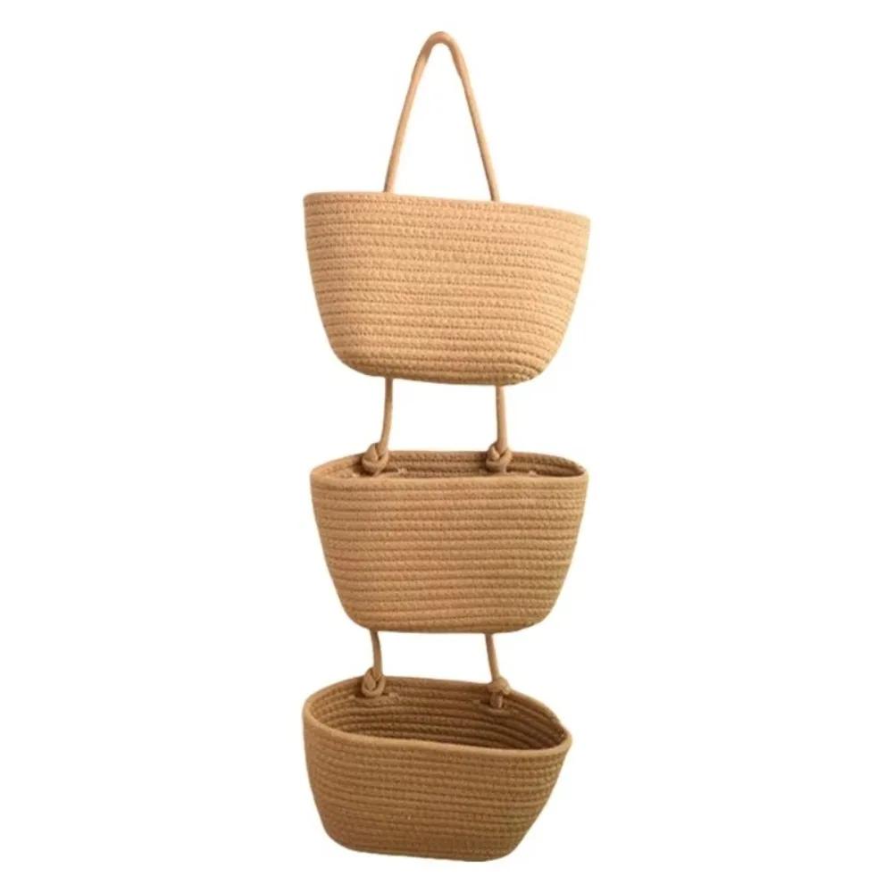 

3-Layer Wall Hanging Storage Basket Handwoven No-Punch Hanging Storage Pouches Multipurpose Wall Mounted Organizer кавовий