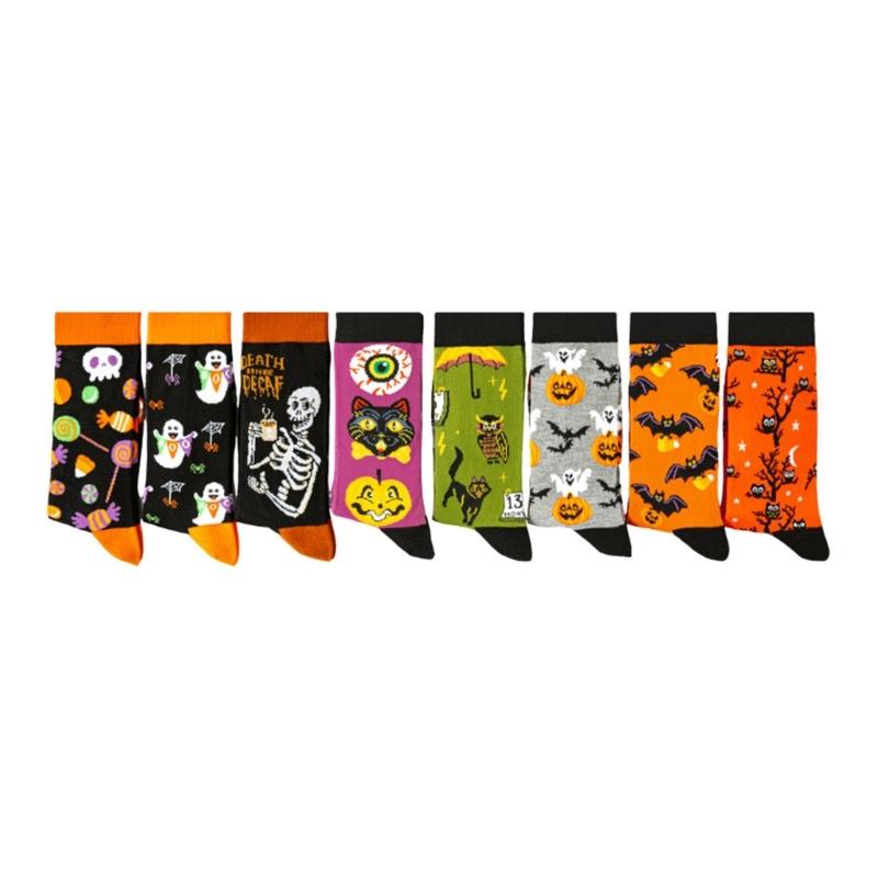 Halloween Themed Cotton Socks Elastic Cuffs Breathable Fabric Practical Wear Festive Ghosty Pumpkin Patterns