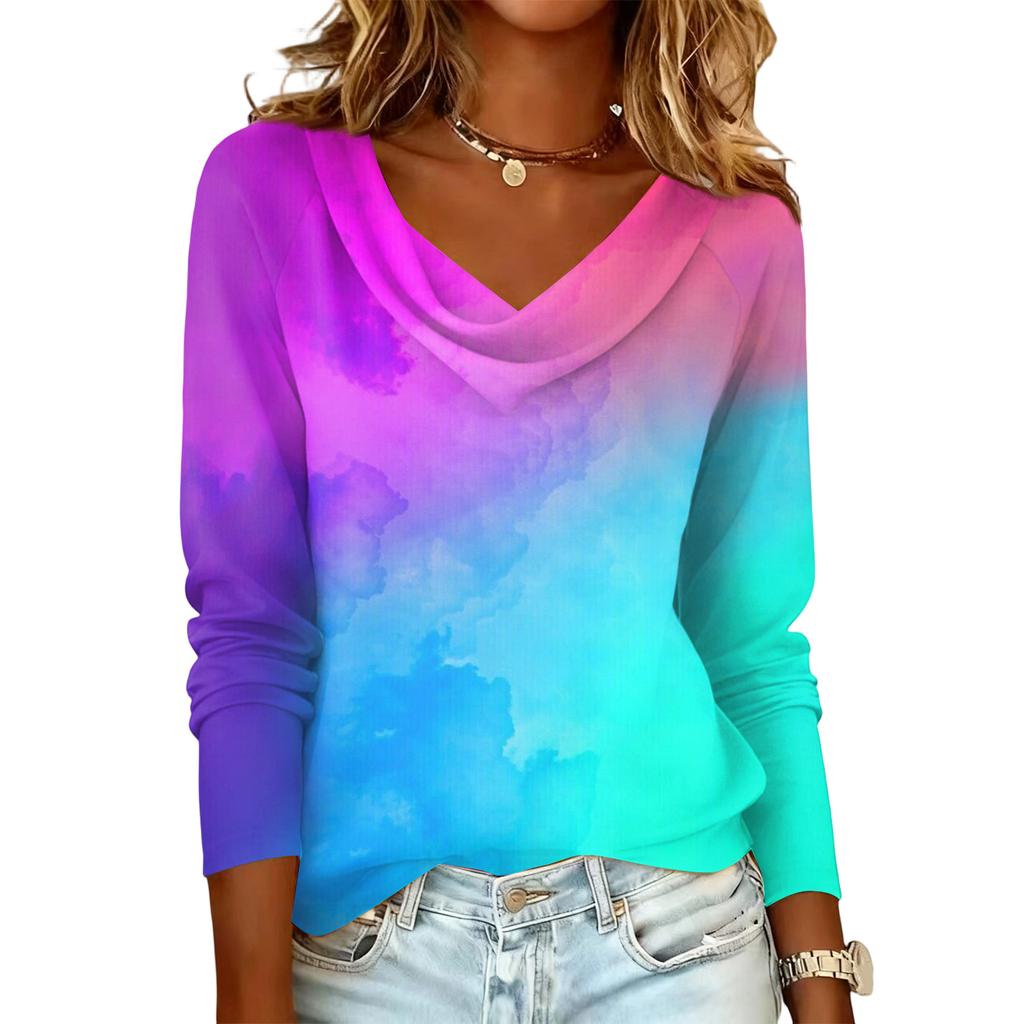 Damen lässiges Mode-Pulloveroberteil mit Langarm, kreuzgefärbt und bedruckt
