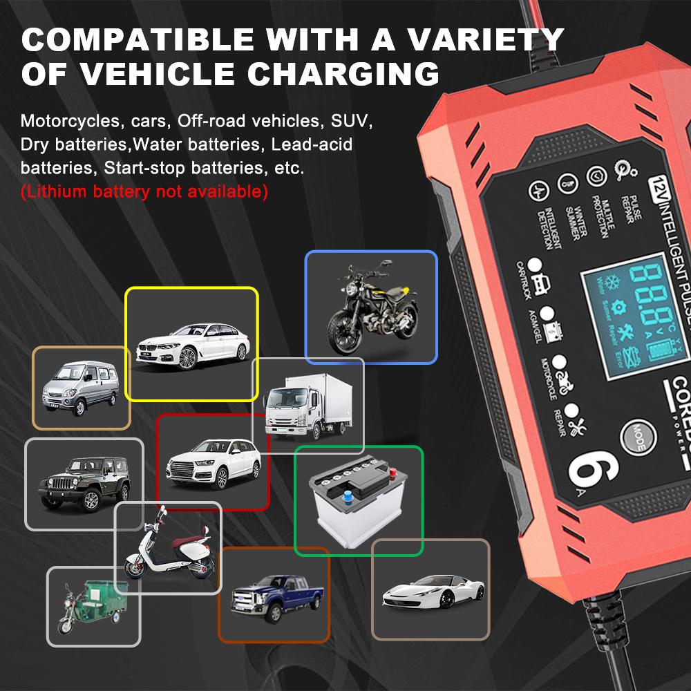 Car Battery Chargers 12V 6A Digital Display Intelligent Pulse Repair For Lead Acid AGM Batteries Charging Household Storage Cell