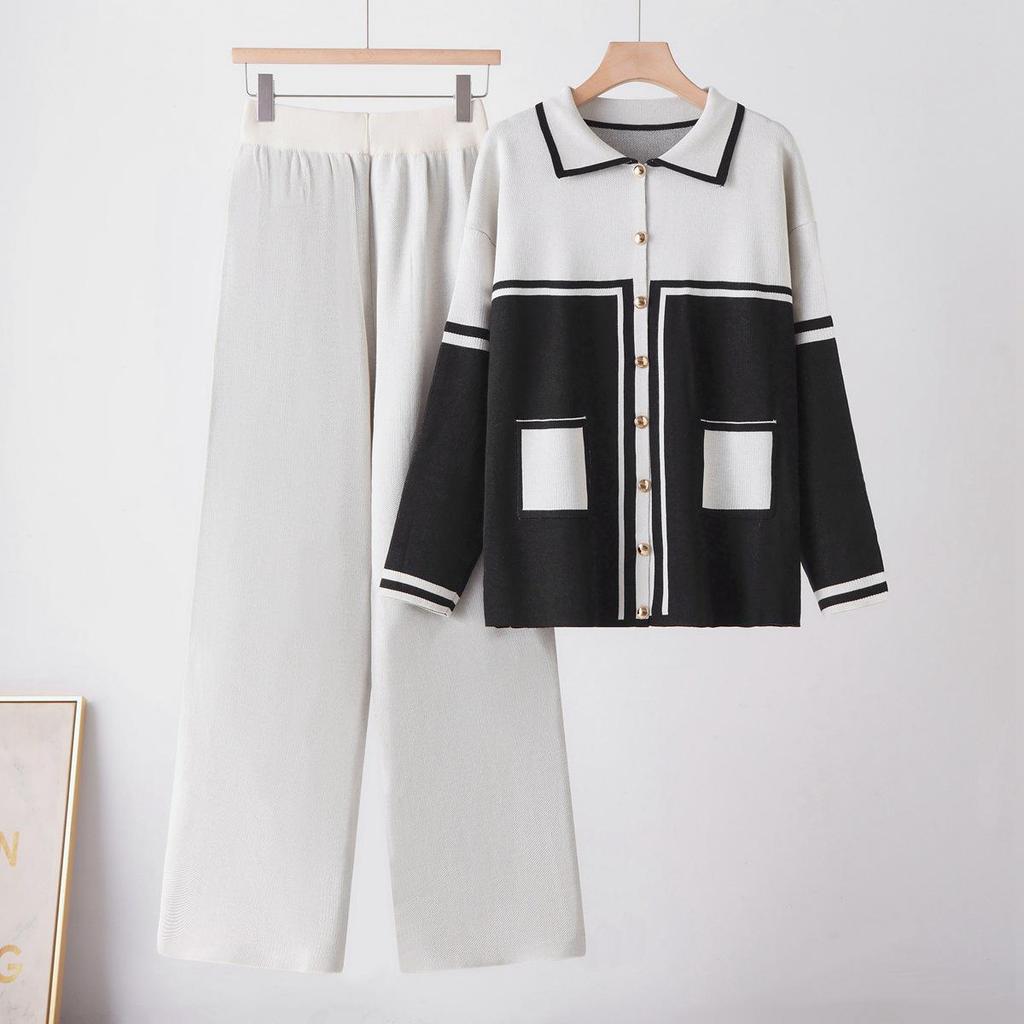 2025 Fall/Winter Women's Color Block Knit Cardigan & Casual Two-Piece Set
