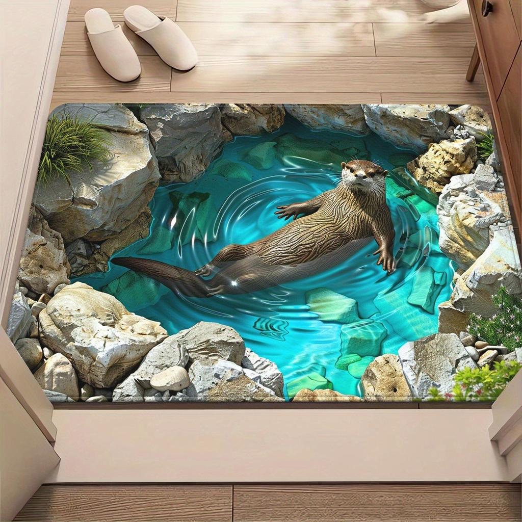Illusion Pool Otter Doormat 3D Design, Otter Swimming, Strong Water Absorption