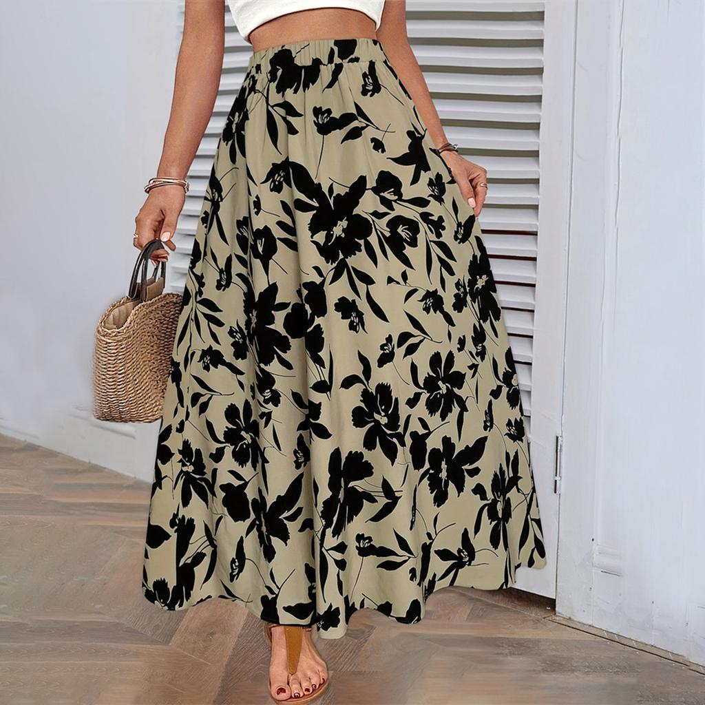 Elastic Waist Printed Long Skirt Summer High-end Temperament Commuting Drape Pleated Skirt Women's Clothing