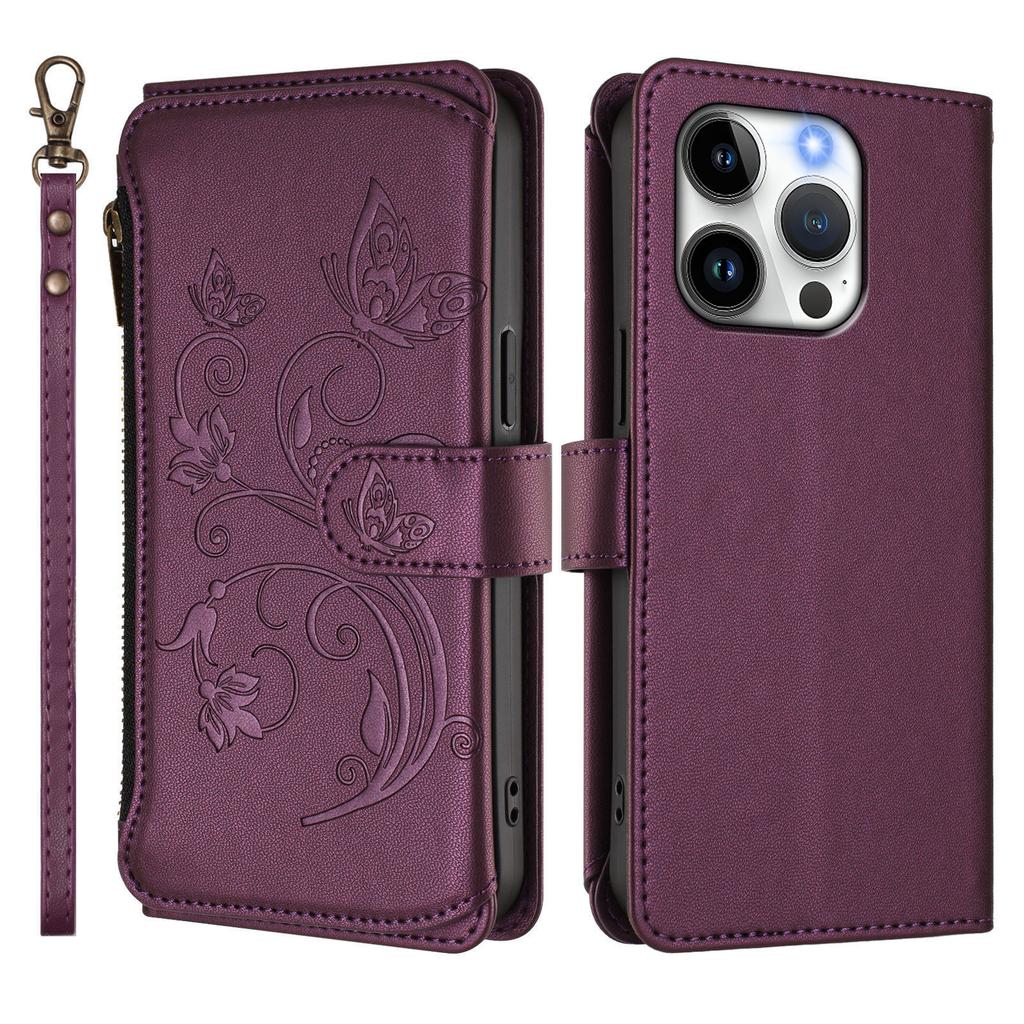 For iPhone 15 Pro Leather Case Butterfly Floral Imprint Zipper Wallet Stand Cover with Wrist Strap