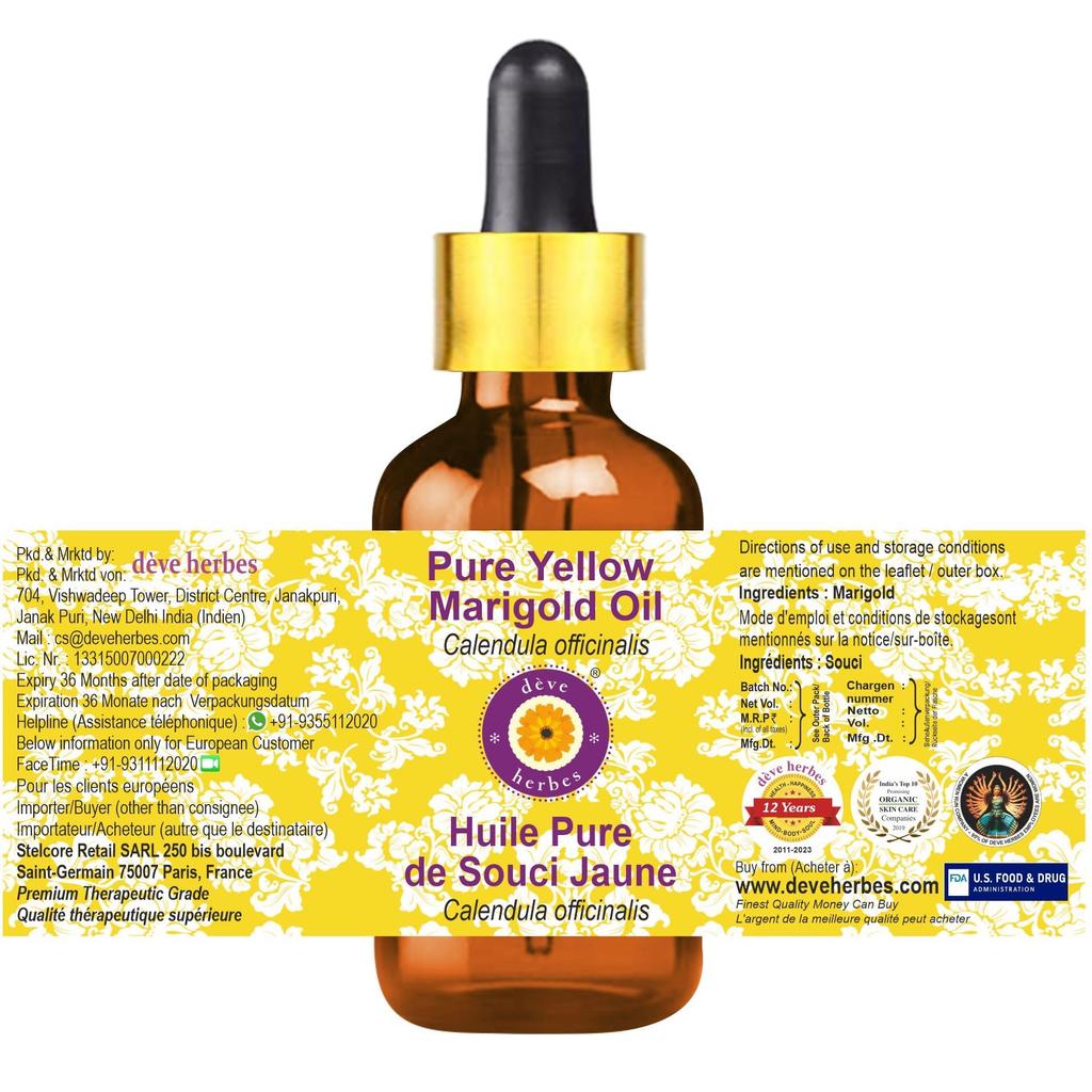 Deve Herbes Yellow Marigold Oil with Glass Dropper | Infused | Pure | Non-Sticky | Lightweight | Gentle Blend | For Skin Application | For Men &