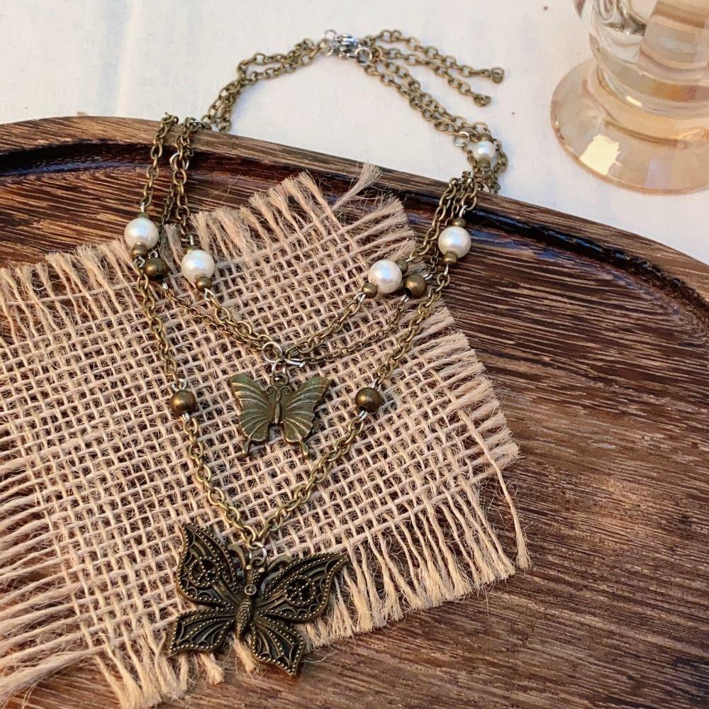 Vintge Butterfly Pearl  Necklace Beaded Women Collarbone Chain Chain Tassel Necklace  Women