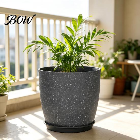 Gray Garden Pots for Patio Modern Plant Pot with Saucer, Flower Weather Resistant Planters Drainage Holes, Stone-Look Planter Indoor Outdoor