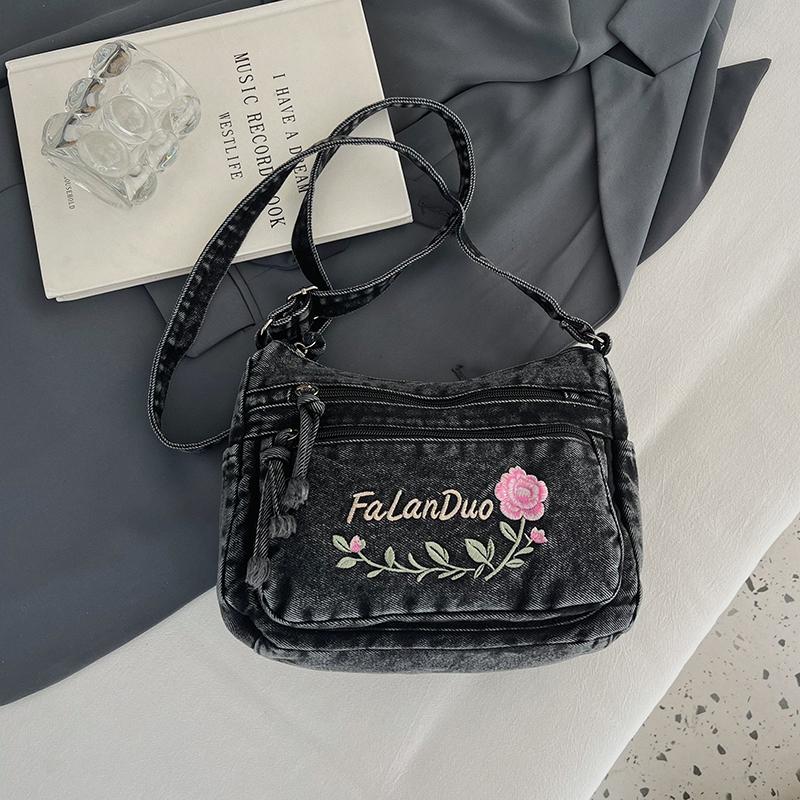 Jeansowa Haftowana Torba na Ramię Damska Torebka Miejska Torba Crossbody