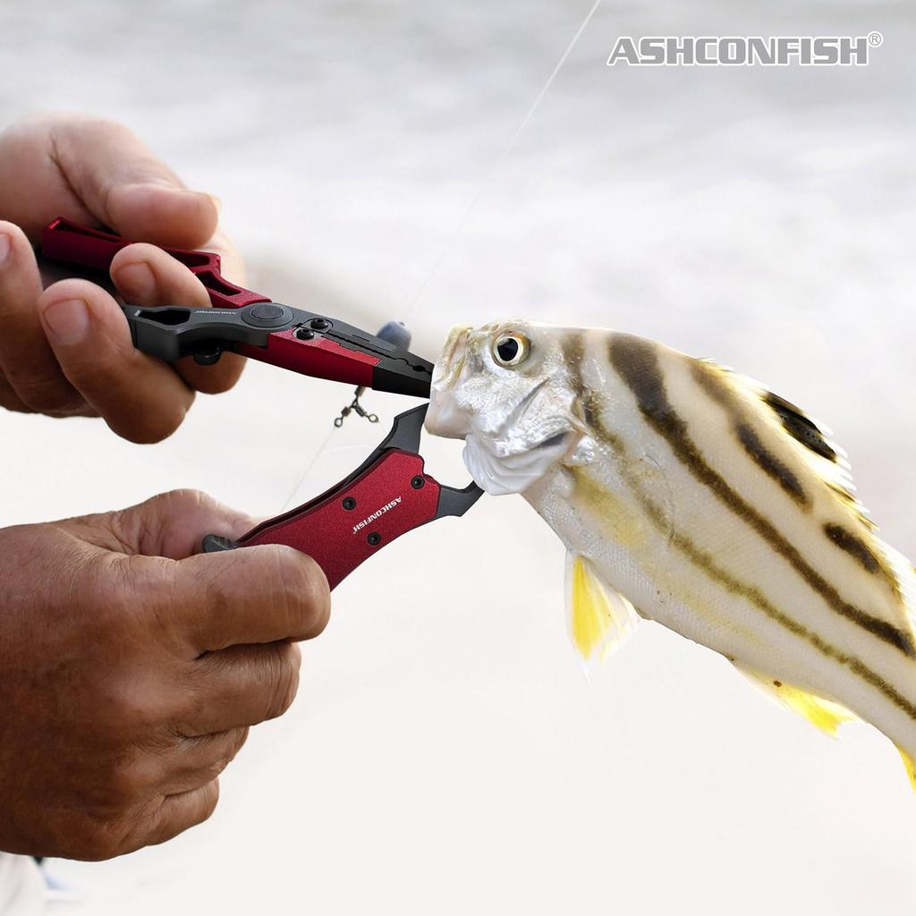 ASHCONFISH Fish PE Line Lightweight Anodized Aluminum Compact Fish Catcher with Rope and Loss for Sea Pond and Ice Fishing Grip, Cutter, Alloy,