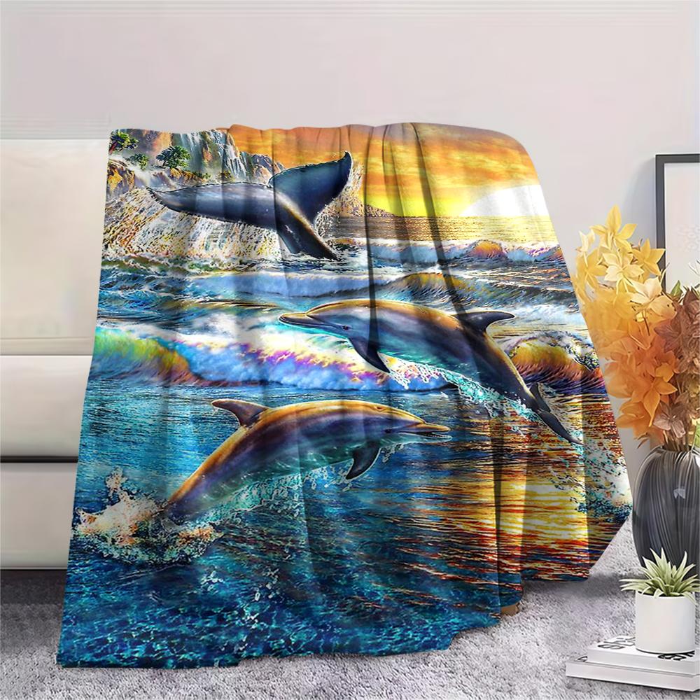 1Pc Dolphins Print Flannel Blanket, High Quality Comfortable for All Seasons, Home Decor, Warmth and Comfort, Perfect for Christmas Gifts