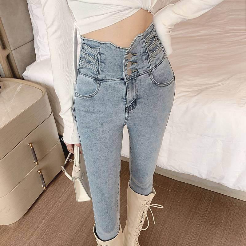 Women s Skinny Fit High-Waisted Blue-Gray Denim Jeans, Slimming Pencil Pants - Spring/Autumn 2025 Size 32