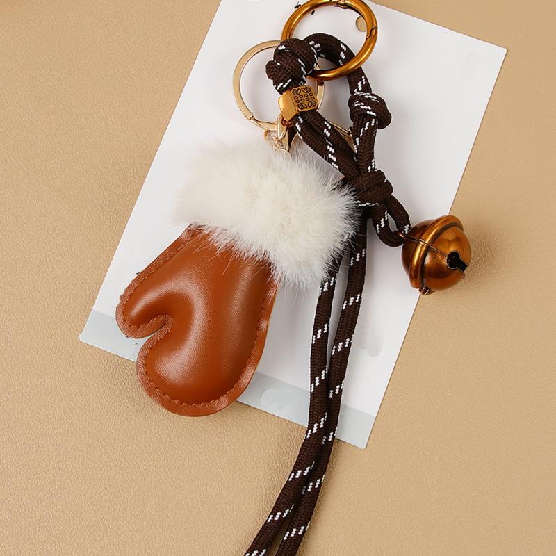 1Pcs Simple Birthday Christmas Pendant Cute Versatile Leather Glove Keychain Creative Metal Bell Braided Rope Bag Charm Decor