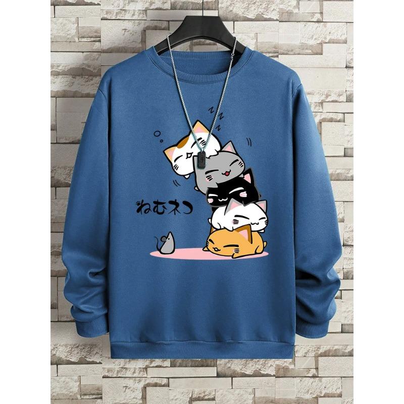 Милые кошки, одежда для сна, мужская толстовка с капюшоном и круглым вырезом, винтажные повседневные свободные толстовки с капюшоном, осенняя свободная одежда, пуловеры и длинные рукава для мужчин S