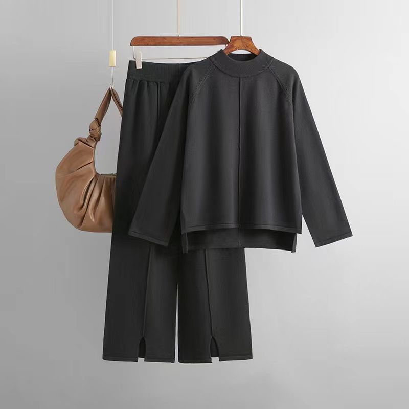 

Fashion Loose Knitted Pullover Sweater Slit Loose Pants Suit Knited Sweater Pants Set Black All yards