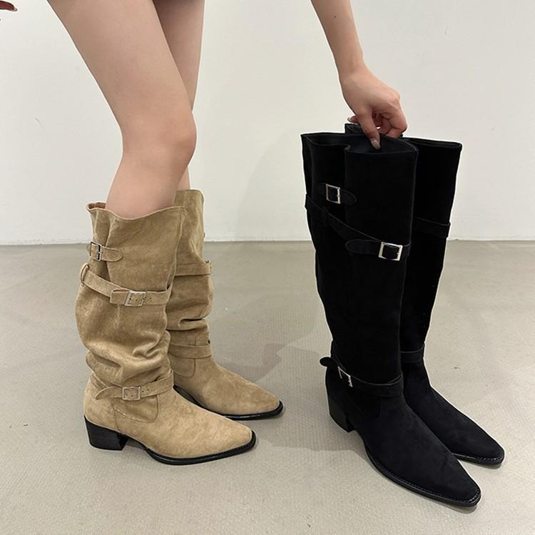 Boots women's 2025 autumn and winter new large tube circumference pleated piling boots suede thick heel boots but knee women's boots