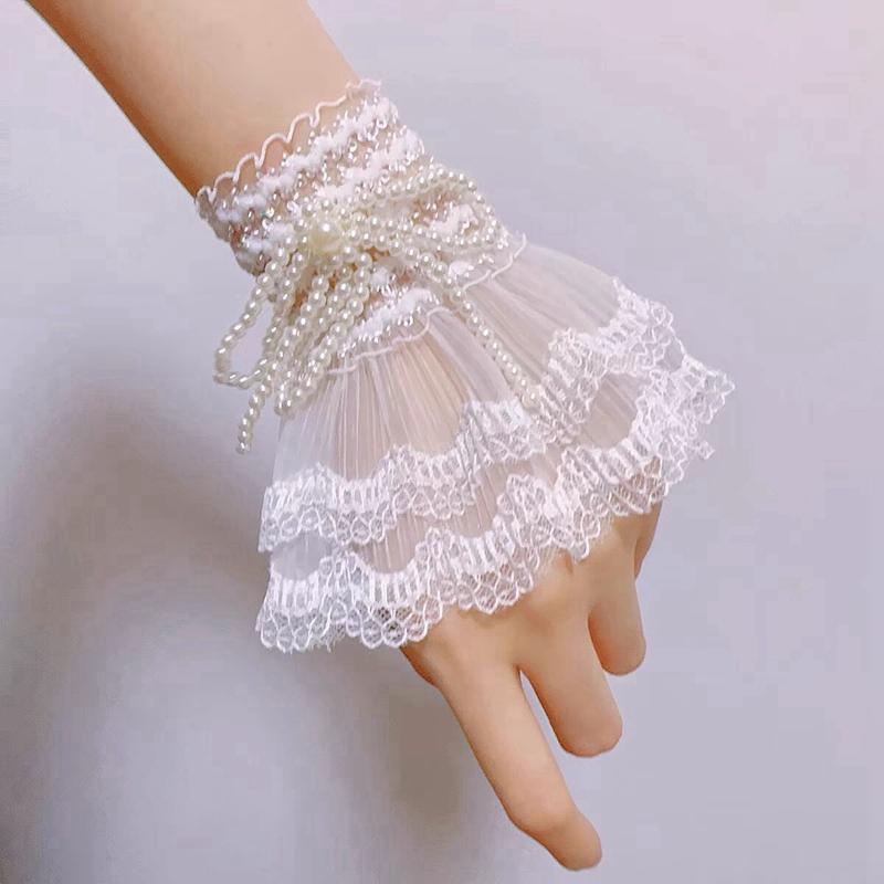 Sweet False Lace Cuffs Pearl Hand Sleeves Detachable Flared Sleeve Wristband Decorative Women Bride Wedding Accessories