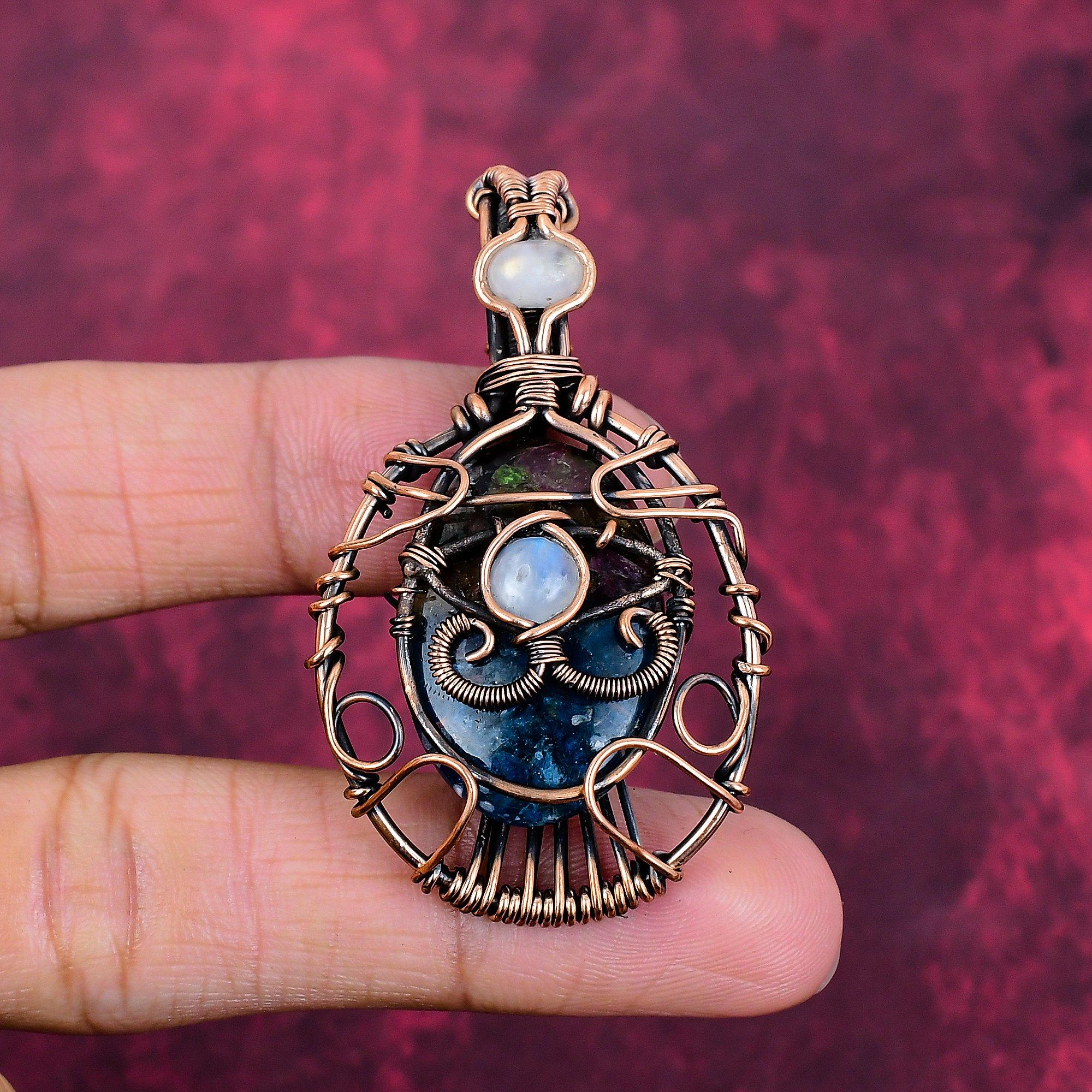 Evil Eye Copper Watermelon Tourmaline Pendant Copper Wire Wrapped dainty Jewelry