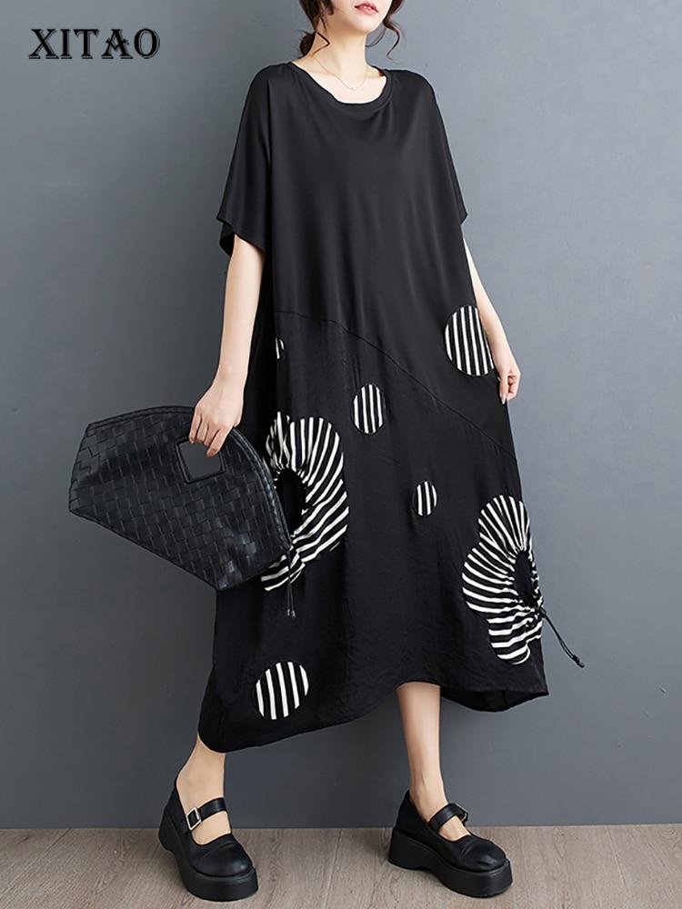 

XITAO Лоскутное свободное платье в полоску с круглым вырезом и коротким рукавом женское платье LYD1785