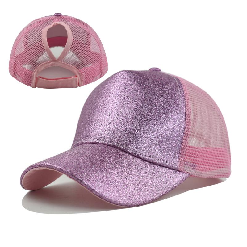 - Sequined and Mesh Fabric Baseball Cap with Exposed Ponytail. Available in Multiple Colors and Suitable for Summer.