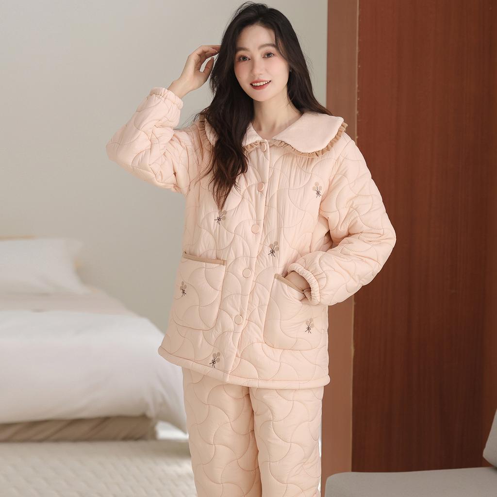 Three-layer Thickened Pajamas Women's Coral Fleece Padded Cotton Loose Warm Loungewear Flannel Fleece Winter Padded Jacket Set