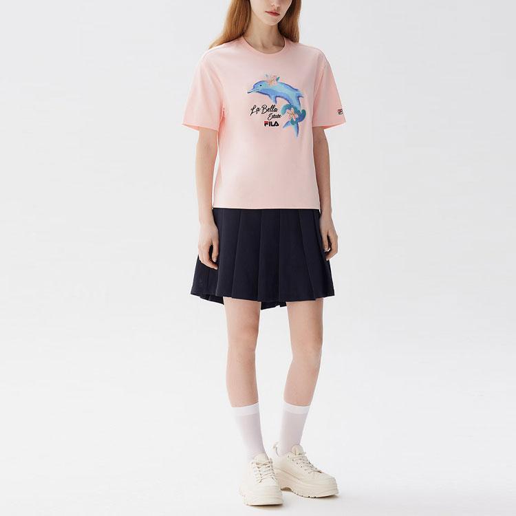 Fila Dolphin Print Casual Sports Short Sleeve T-Shirt Women Tops Pink F51W128107F-PK