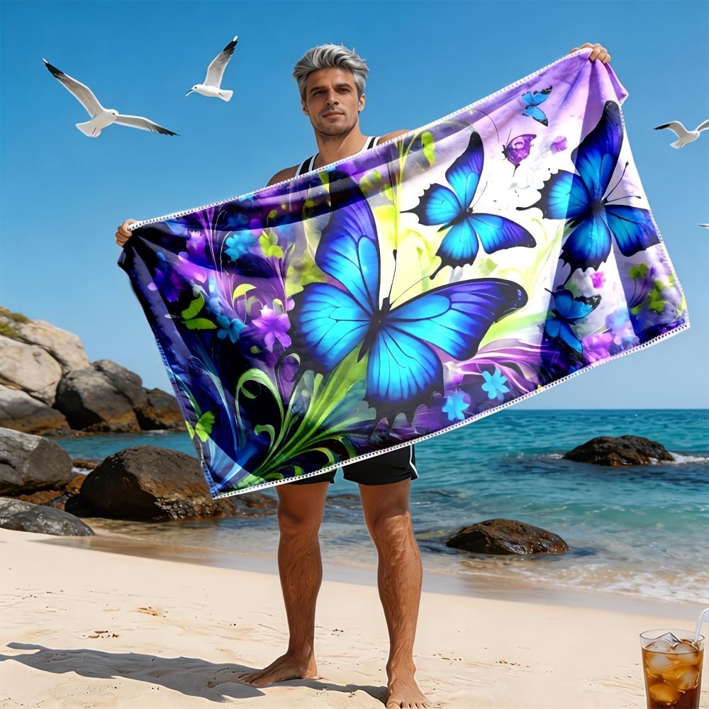 Blue Butterfly Beach Towel Floral Garden Print Fantasy Design Quick Dry Soft Microfiber Bath Towel For Women Girls Gift