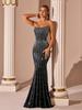 Robe de soirée sirène sans bretelles à diamants avec fente haute et dos ouvert