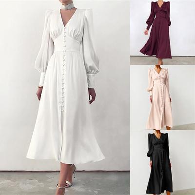 Lässiges, einfarbiges, langärmliges Kleid mit V-Ausschnitt für Damen