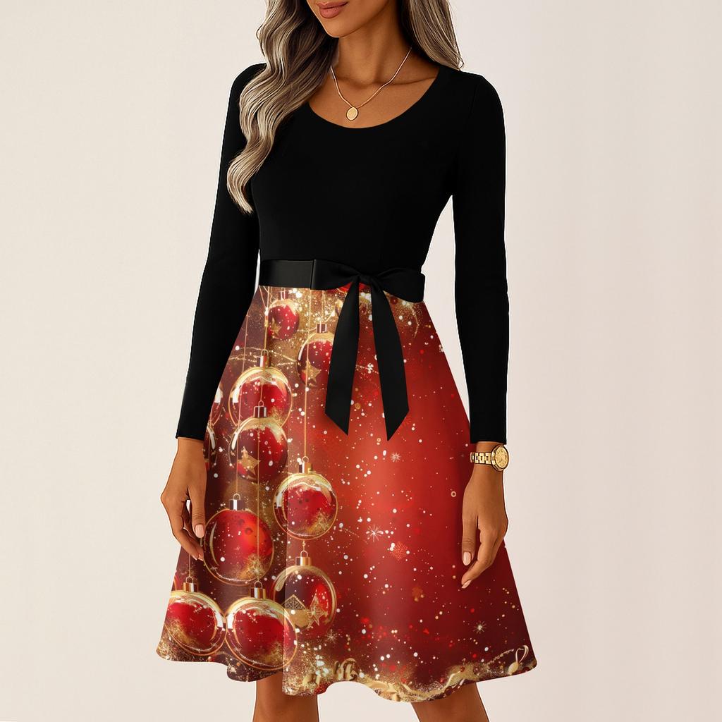Rochii lungi de epocă, cu mâneci lungi, cu mâneci lungi, cu imprimeu grafic de Crăciun