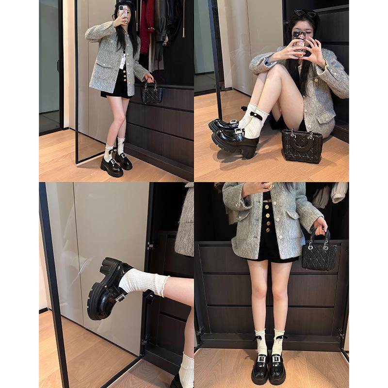 [Sheepskin version] Korean version of high school students JK platform loafers for women's 2025 spring new rhinestone square buckle small leather sho