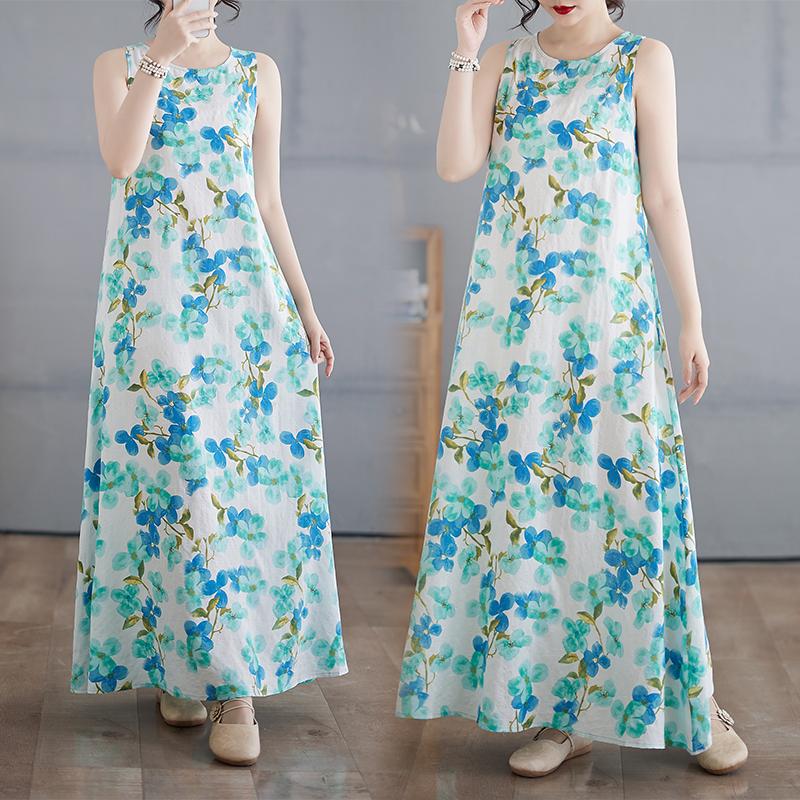 DIMANAF 2025 Women Linen Summer Flower print Dress Casual Ladies Basic Long Dress 8087
