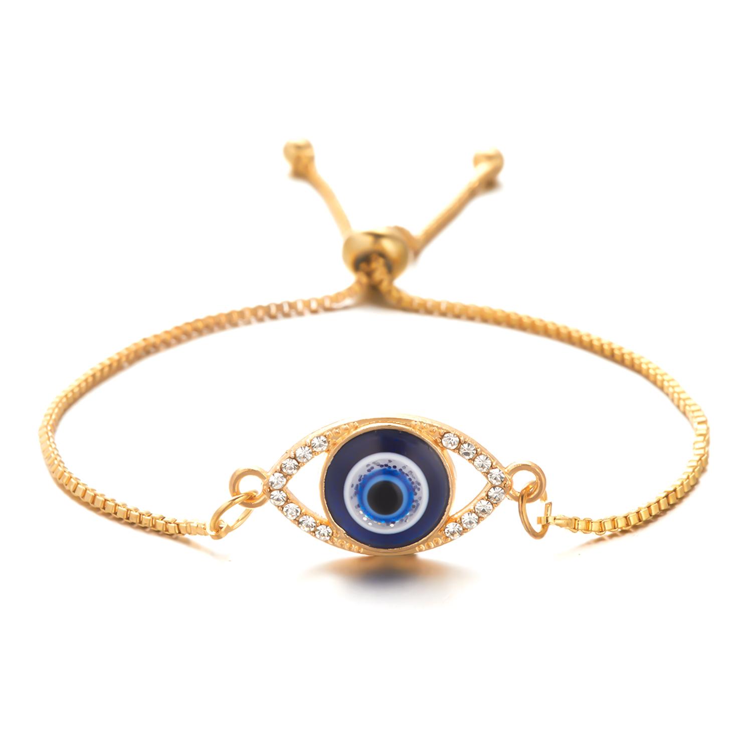 

Fashion Gold Color Cubic Zircon Evil Eye Lukcy Bracelets for Women Crystal Blue Eye Push Pull Adjustable Bracelet Party Jewelry