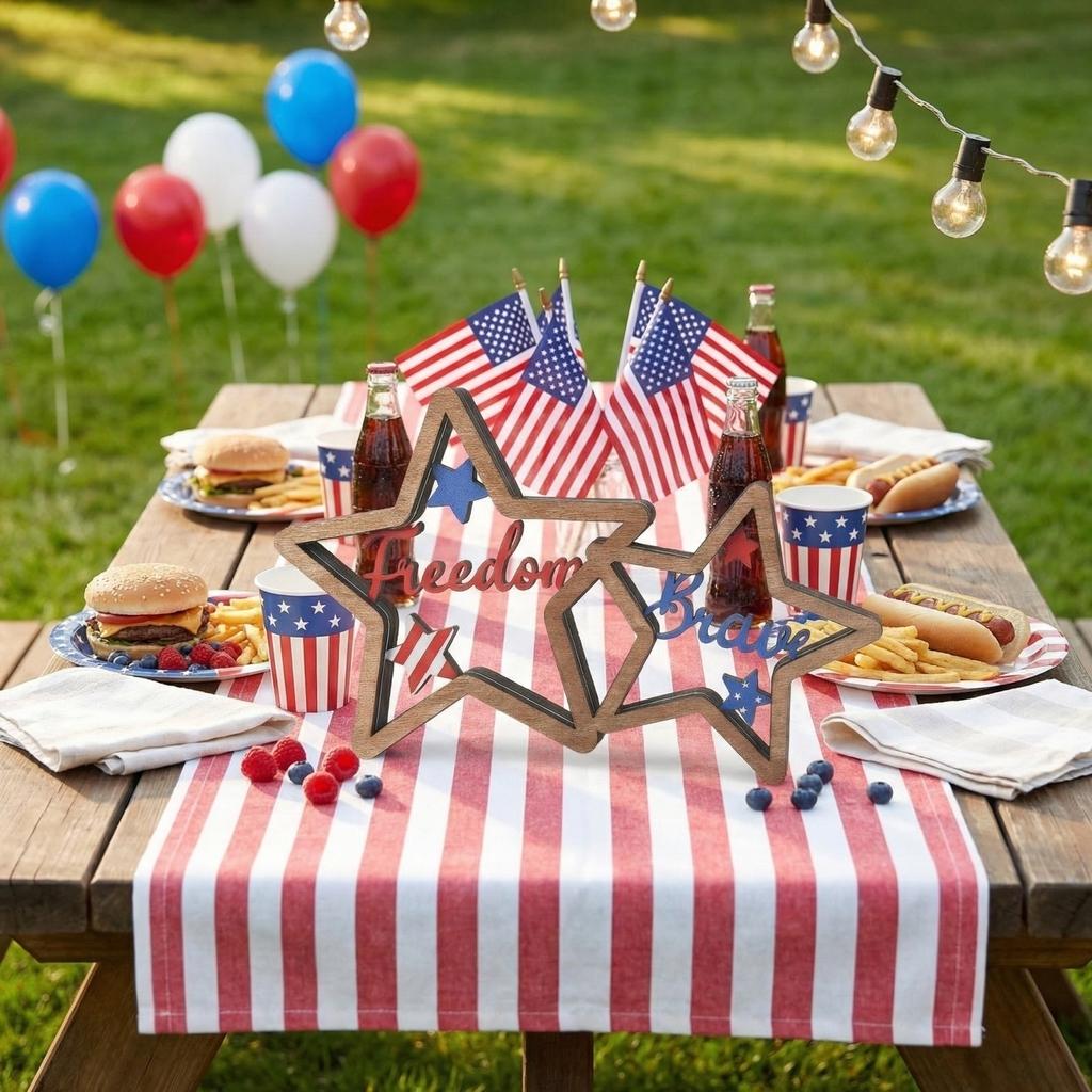 Amerikanischer Unabhängigkeitstag Holz-Fünfzackstern-Dekoration Und Mut-Thema Tisch- Und Festival-Mittelstück.