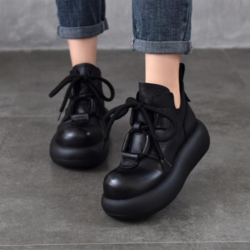 Johnature Retro Lace Up Platform Short Boots Genuine Leather Thick Soled Round Toe Women's Boots